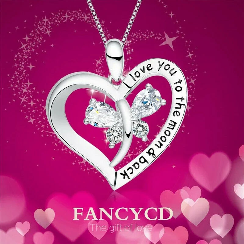 Silver Heart "Moon & Back" Pendant Necklace – Mom Gift Pendant Necklace Nixie