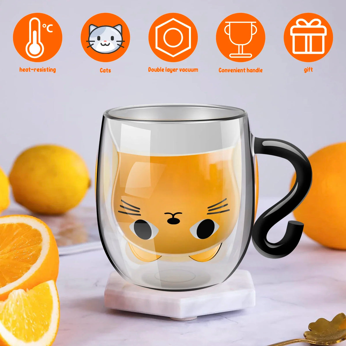 Cute Cat Double-Wall Glass Mug with Handle | 250–300ml Glass Coffee Mug Nixie