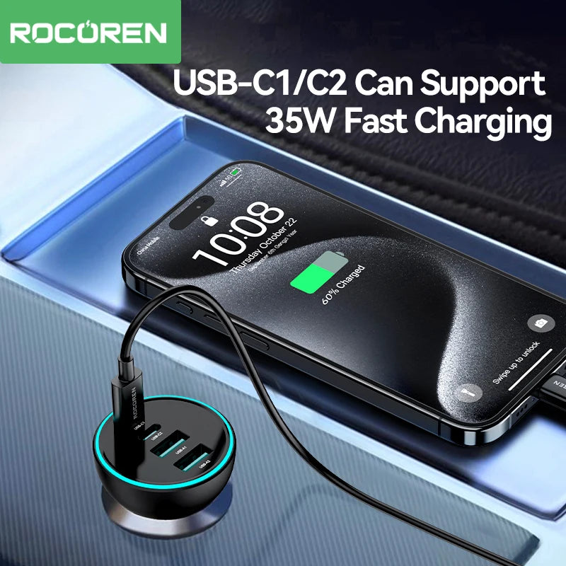 Rocoren 70W 4-in-1 USB-C Car Charger – PD & QC4.0 USB Car Charger Nixie