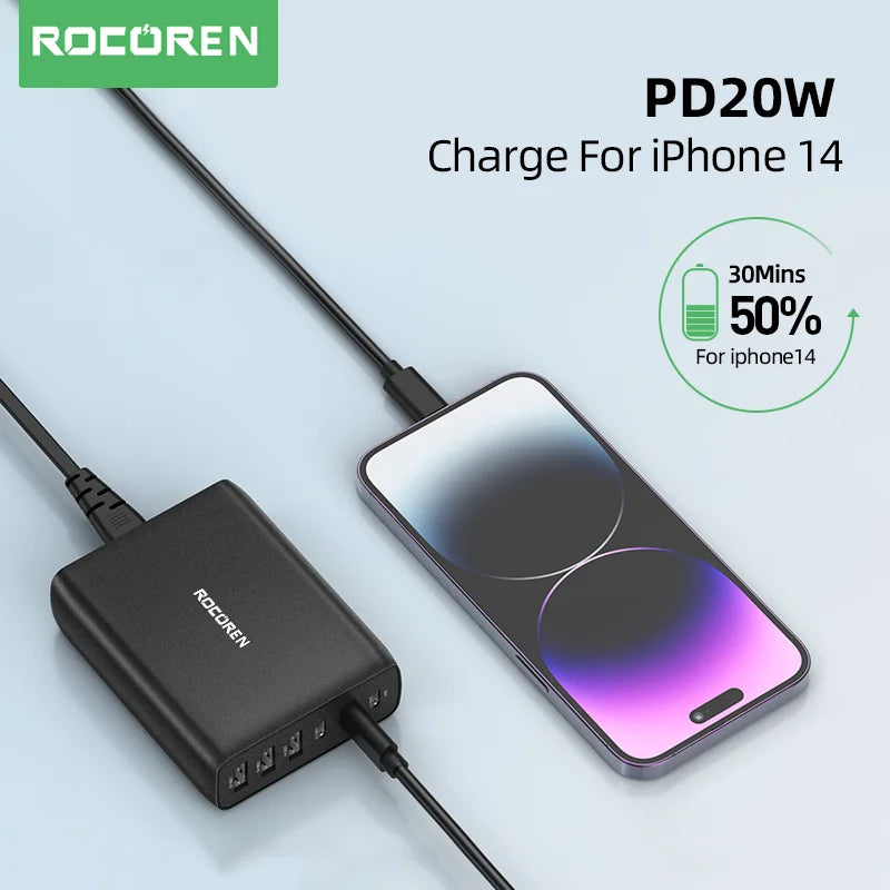 Rocoren 100W GaN Desktop Charger 6-Port USB-C PD Fast Charge Desktop Charging Station Nixie
