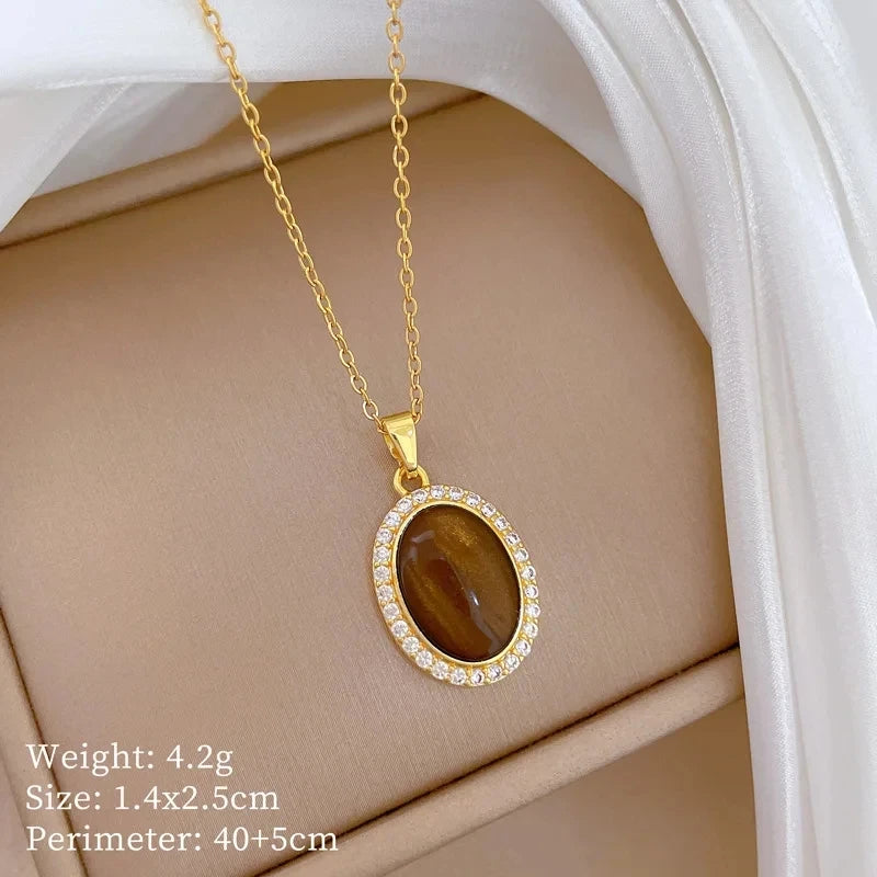 Egg-Shaped Zirconia Choker Necklace | Gold Stainless Steel Pendant Choker Necklace Nixie XL2606-394