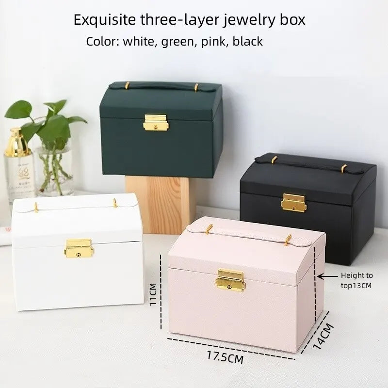 3-Layer Leather Drawer Jewelry Box with Lock | Earring Storage