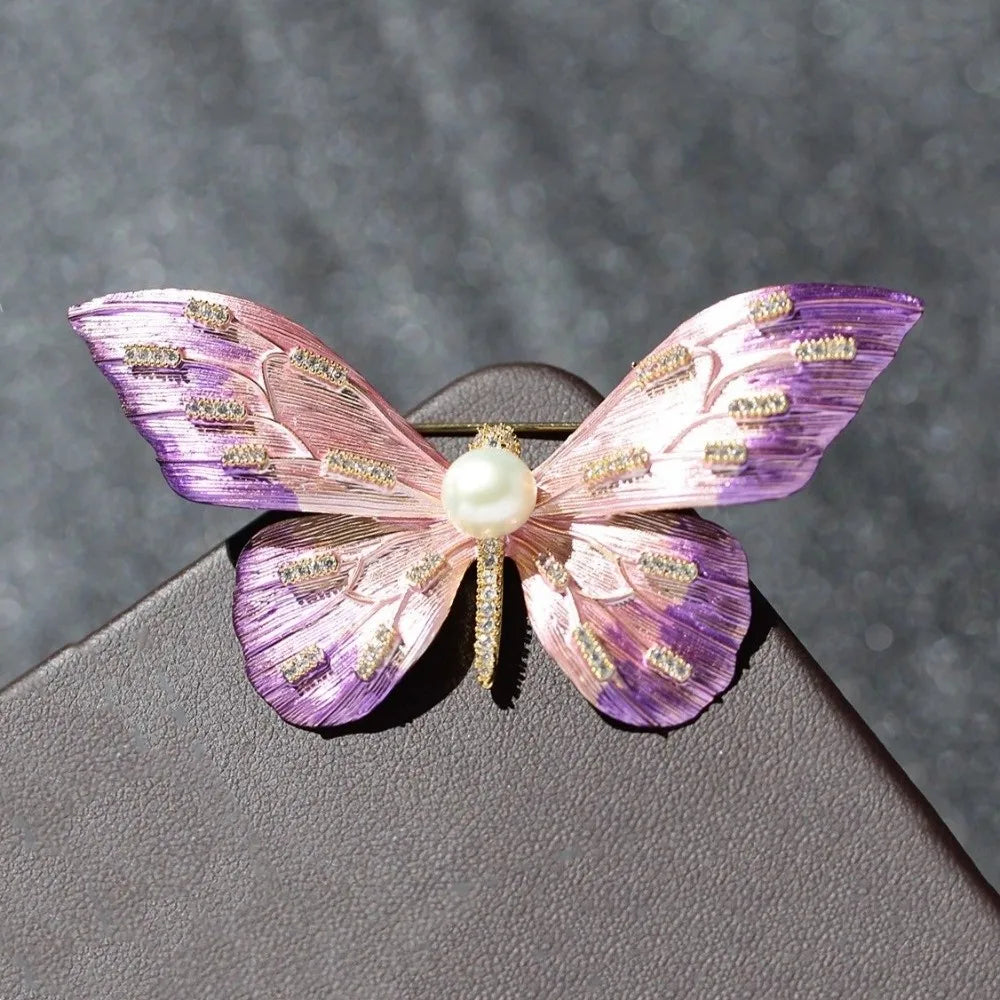 Elegant Butterfly Brooch – Enamel Pearl Rhinestone Alloy Pin Brooch Pin Nixie Pink-Purple