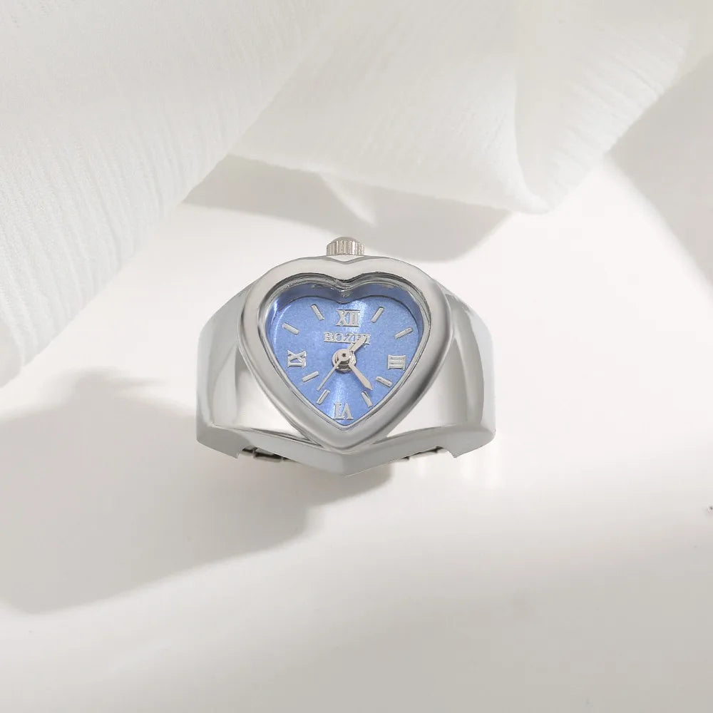 Retro Heart Shape Ring Watch – Stainless Steel Quartz Clock Ring Watch Nixie Silver Blue