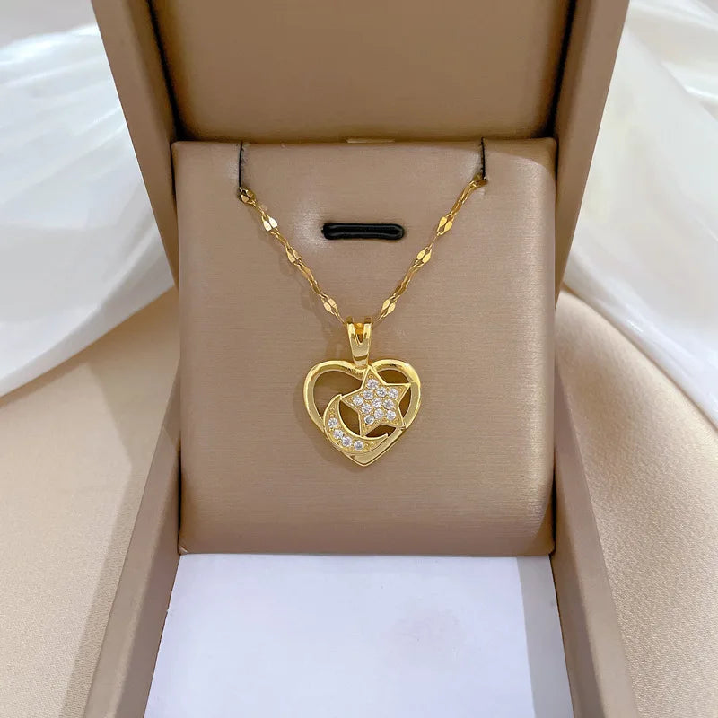 Heart Moon Star Pendant Necklace | Gold Stainless Steel Choker Pendant Necklace Nixie