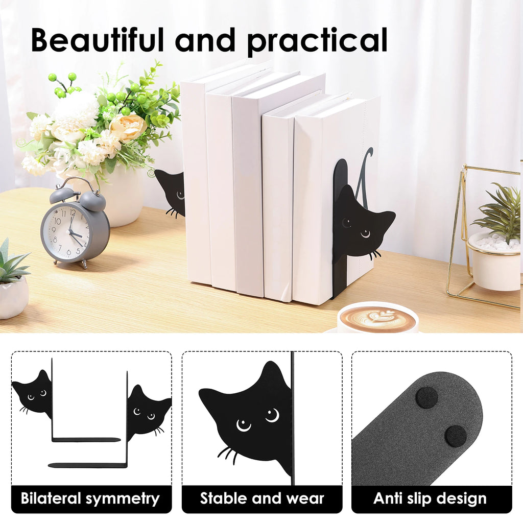 2Pcs Peeping Cat Metal Bookends – Desk & Shelf Book Stand Decorative Bookends Nixie