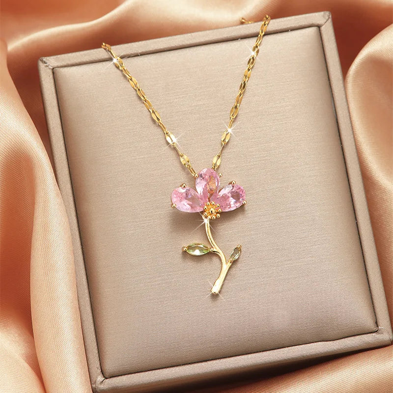 Pink Zircon Leaf Flower Choker Pendant Necklace | Nixie Pendant Necklace Nixie XL1470-19 40cm