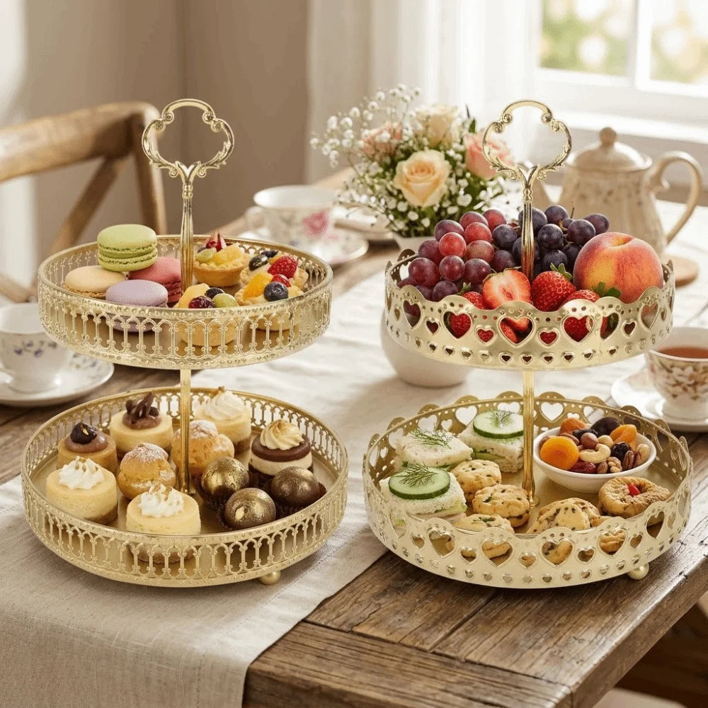 Double Layer Metal Fruit & Dessert Display Tray – Golden
