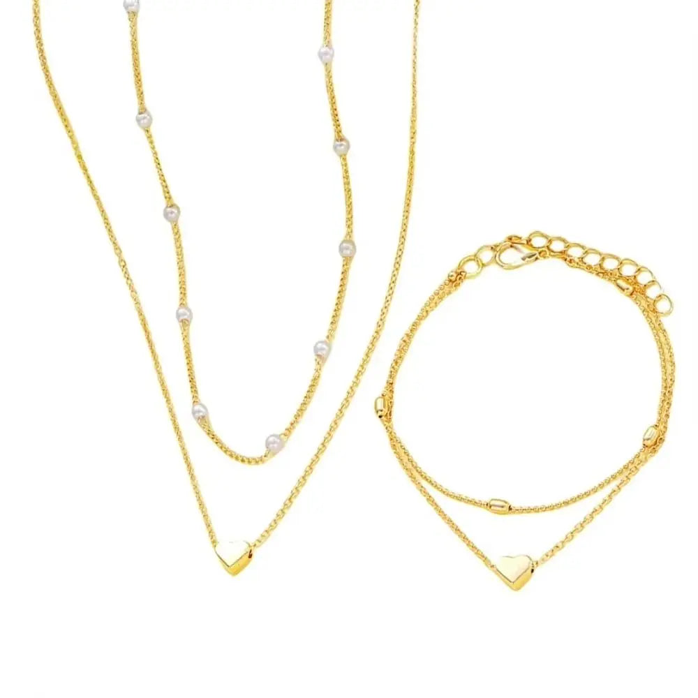 Pearl Heart Necklace & Bracelet Set – Gold & Silver Y2K Style Jewelry Set Nixie