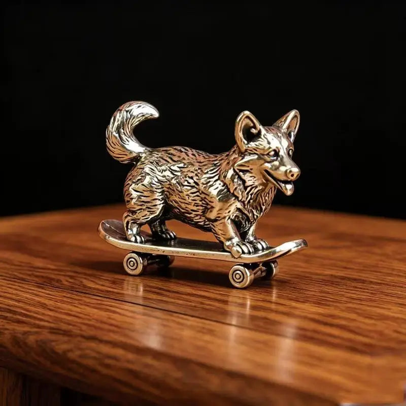 Brass Skateboard Dog Miniature Figurine – Lucky Desk Ornament