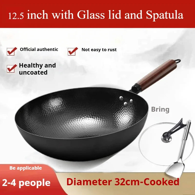 12.5" Carbon Steel Wok with Lid & Spatula – All Stoves Carbon Steel Wok Nixie 12.5inch Glass lid 32cm