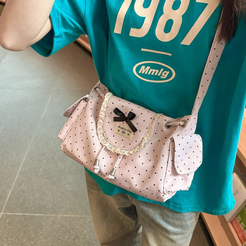 Korean Lace Polka Dot Crossbody Bag – Cute Bowknot Shoulder Bag