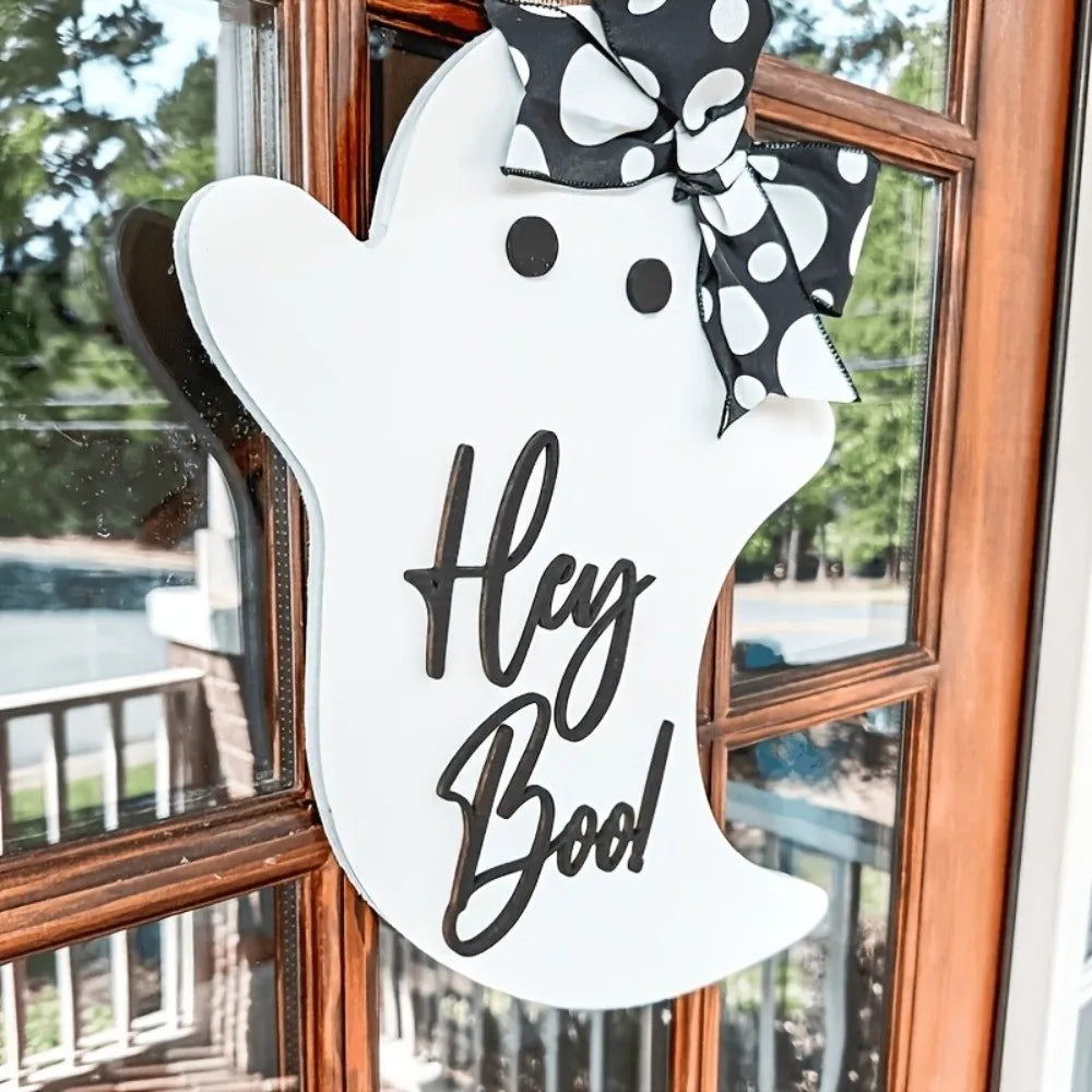 Halloween Ghost Door Hanger with Bow – Wooden Sign Décor Halloween Door Hanger Nixie