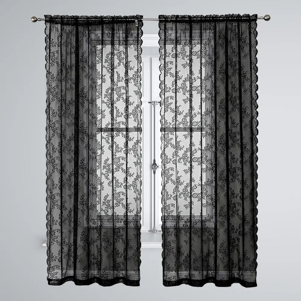 Black Floral Lace Sheer Curtain Panel – Rod Pocket Window Drape Sheer Curtain Panel Nixie