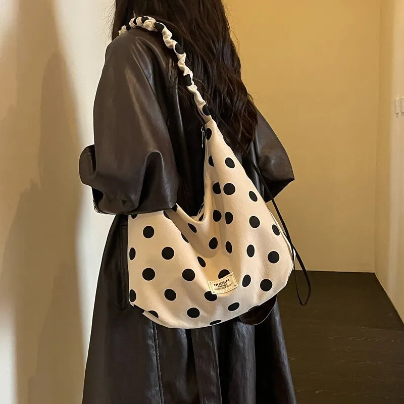 Korean Polka Dot Canvas Tote Bag – Large Shoulder Bag Canvas Tote Bag Nixie