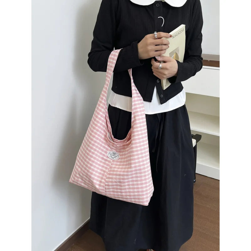 Korean Plaid Canvas Shoulder Bag – Women's Casual Hobo Tote Canvas Shoulder Bag Nixie