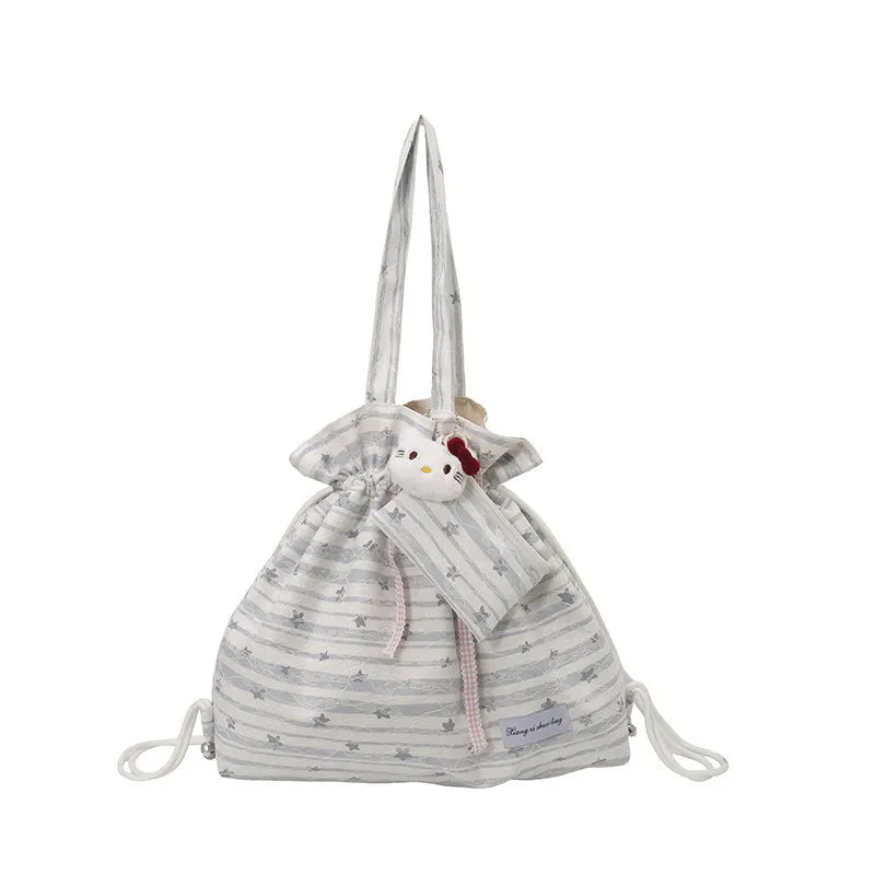 Striped Drawstring Backpack – Canvas Tote Shoulder Bag Drawstring Canvas Backpack Nixie Blue