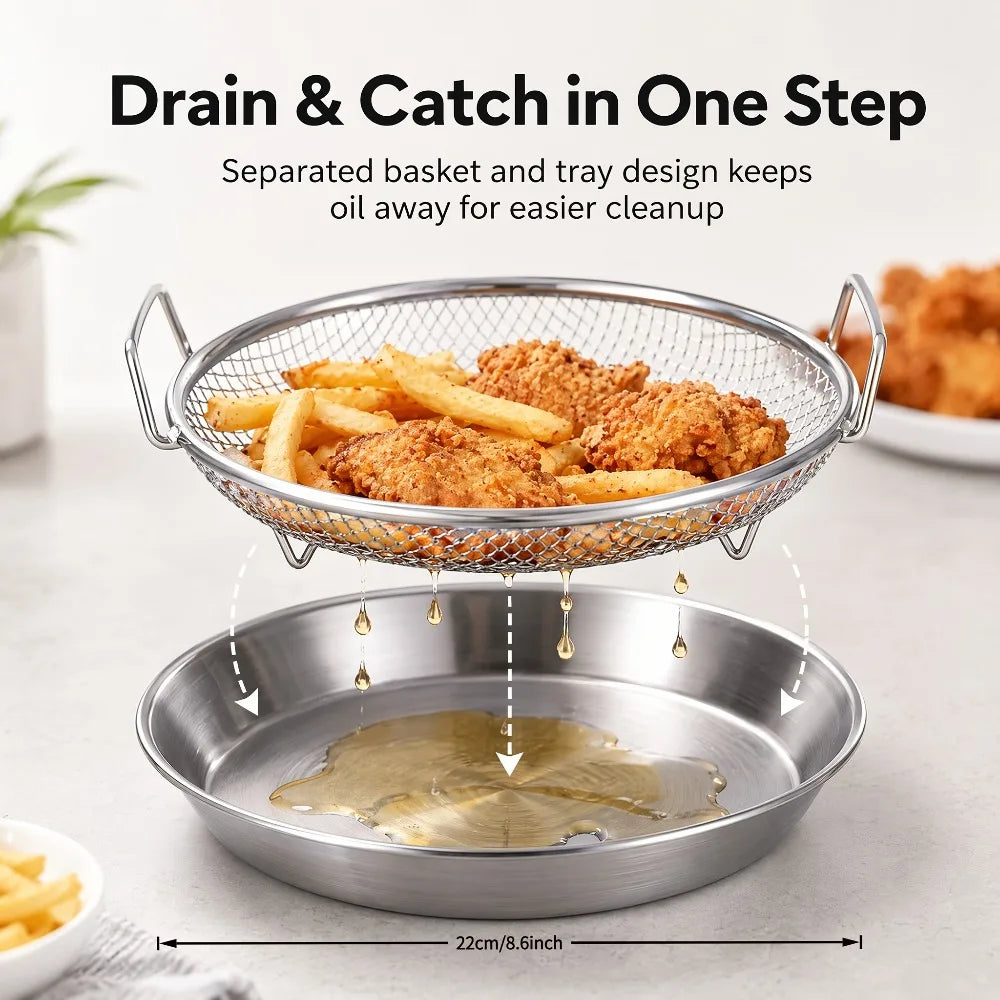 2-Pc Stainless Steel Frying Draining Basket & Tray Set Draining Basket Set Nixie
