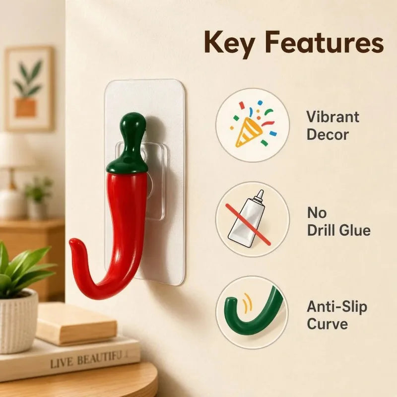 3pcs Chili Shape Self-Adhesive Wall Hooks – No Drill Decor Adhesive Wall Hooks Nixie
