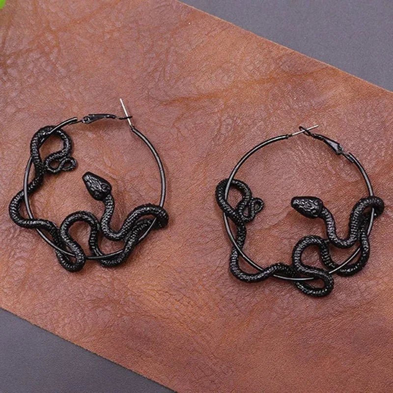 Punk Snake Hoop Earrings – Antique Black Unisex Statement Jewelry