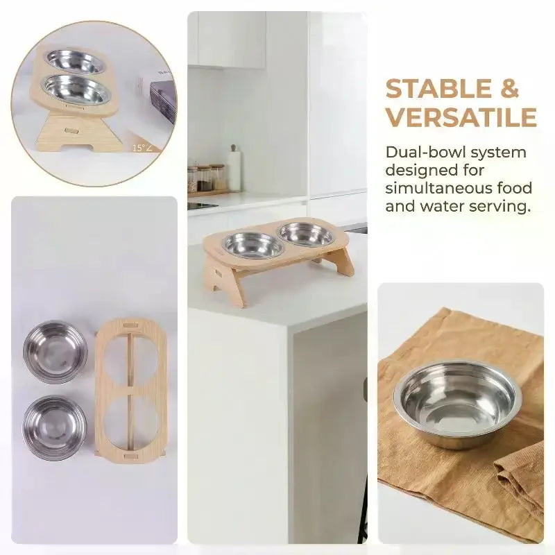 Elevated Cat Bowls 15° Tilted Raised Feeder with Wooden Stand Raised Pet Feeder Nixie