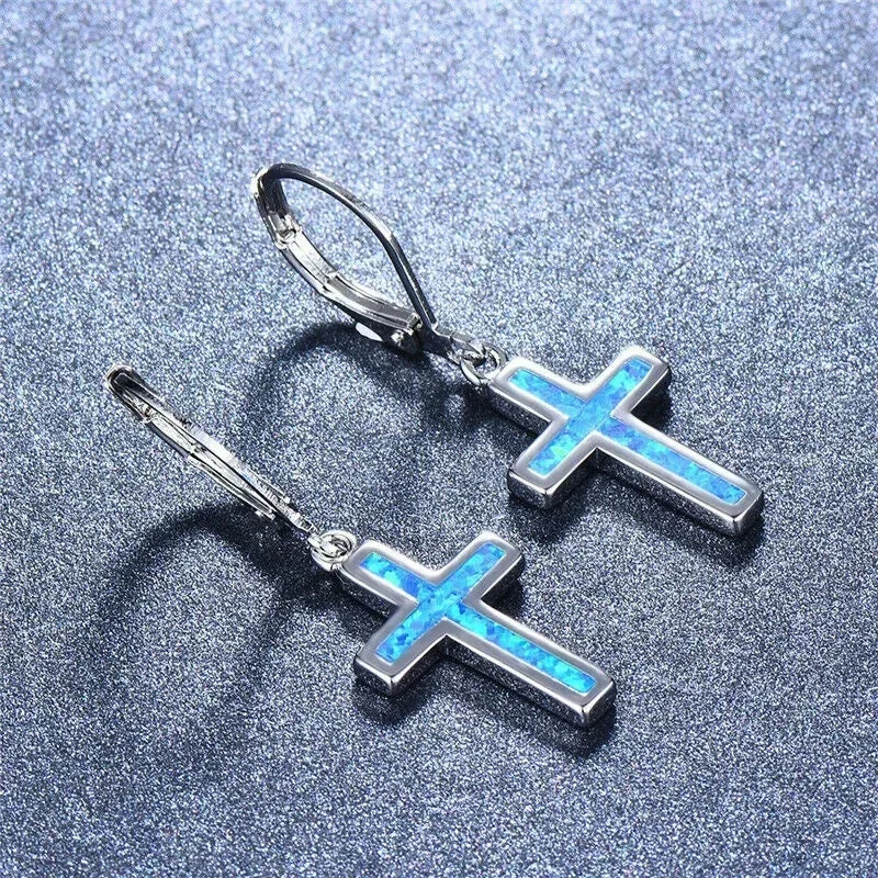 Blue Opal Cross Dangle Rhinestone Stud Earrings for Women Dangle Stud Earrings Nixie