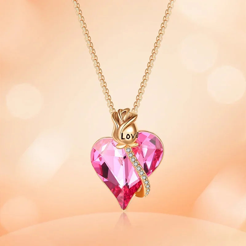 Pink Crystal Heart Pendant Necklace | Rose Flower Gift for Women Pendant Necklace Nixie