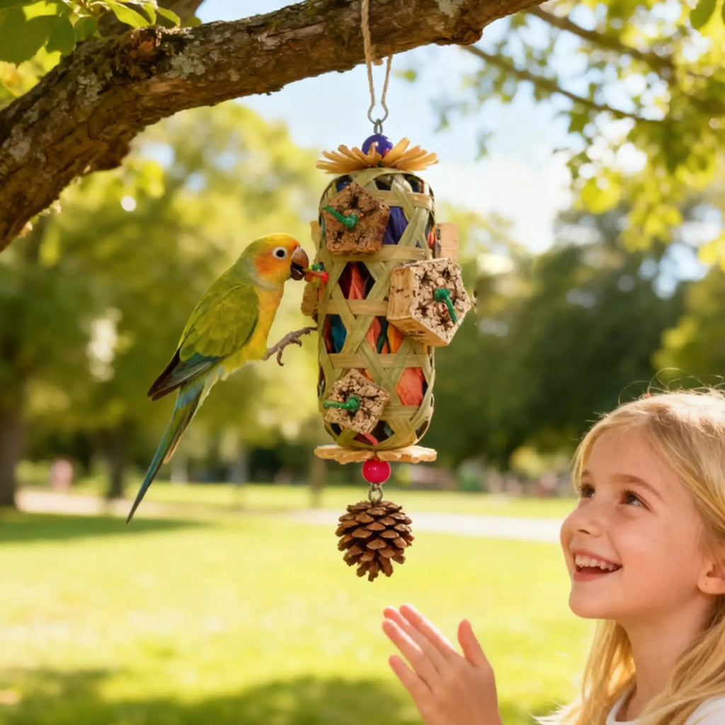 Parrot Hanging Chew Toy Bird Foraging Basket – Wood & Corn Cob Bird Foraging Toy Nixie