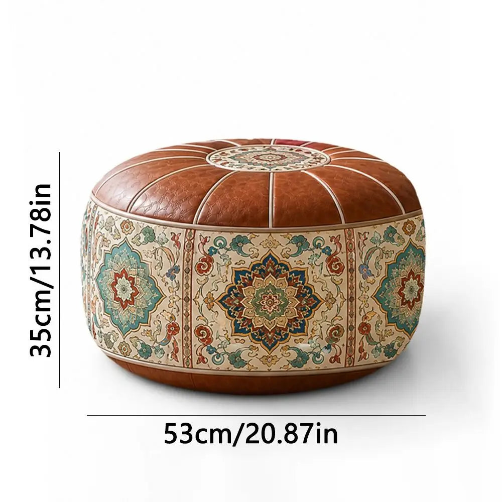 Boho Round Ottoman Pouf Cover – Fillable PU Leather Footstool Ottoman Pouf Cover Nixie