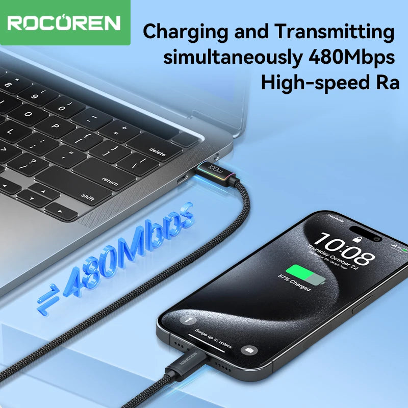 Rocoren 240W USB-C Cable RGB PD 3.1 QC 3.0 Fast Charging Cord USB-C Charging Cable Nixie