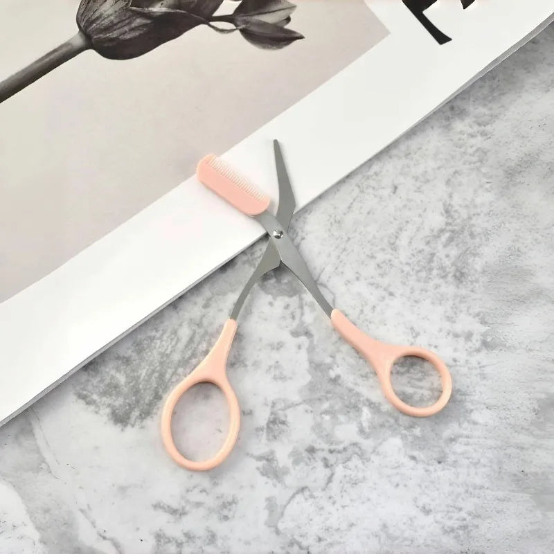 Pink Eyebrow Scissors with Built-In Comb – Stainless Steel Eyebrow Grooming Scissors Nixie