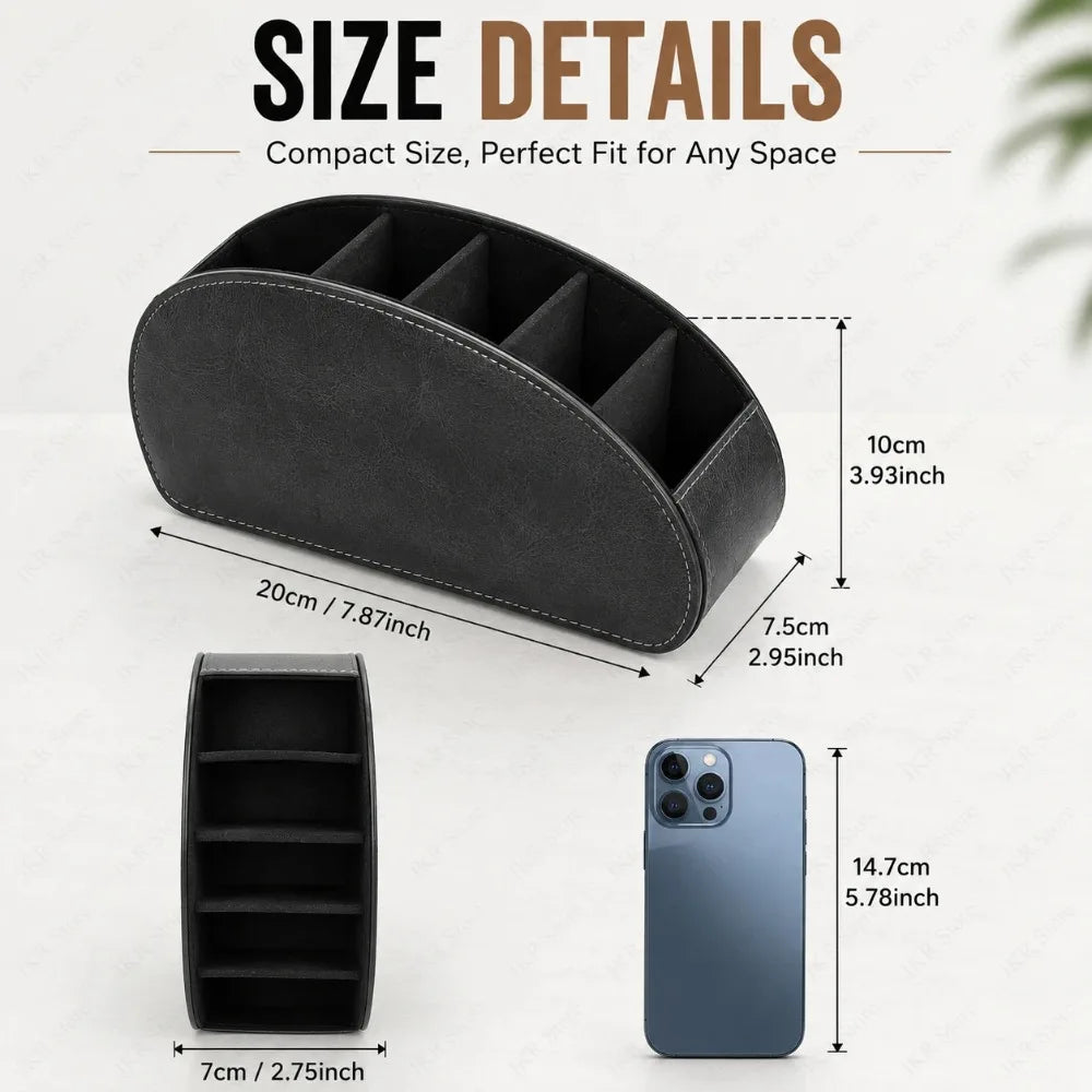 5-Compartment PU Leather Remote Control Holder & Desk Organizer