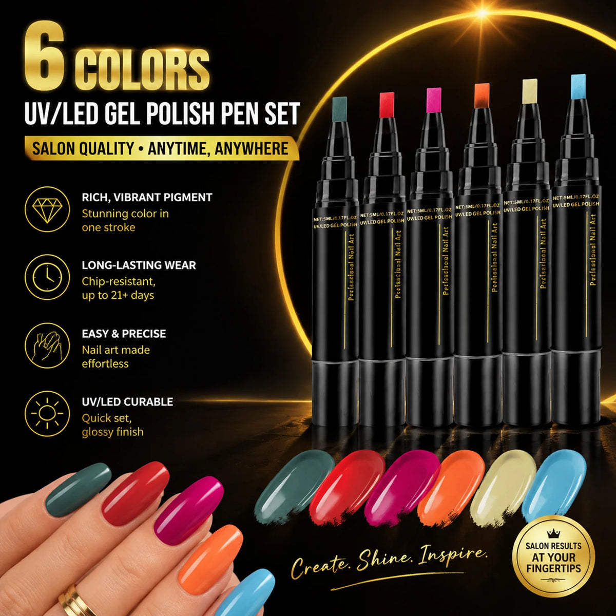 6-Piece UV LED Gel Nail Polish Pen Set – Vibrant DIY Colors Gel Nail Polish Set Nixie