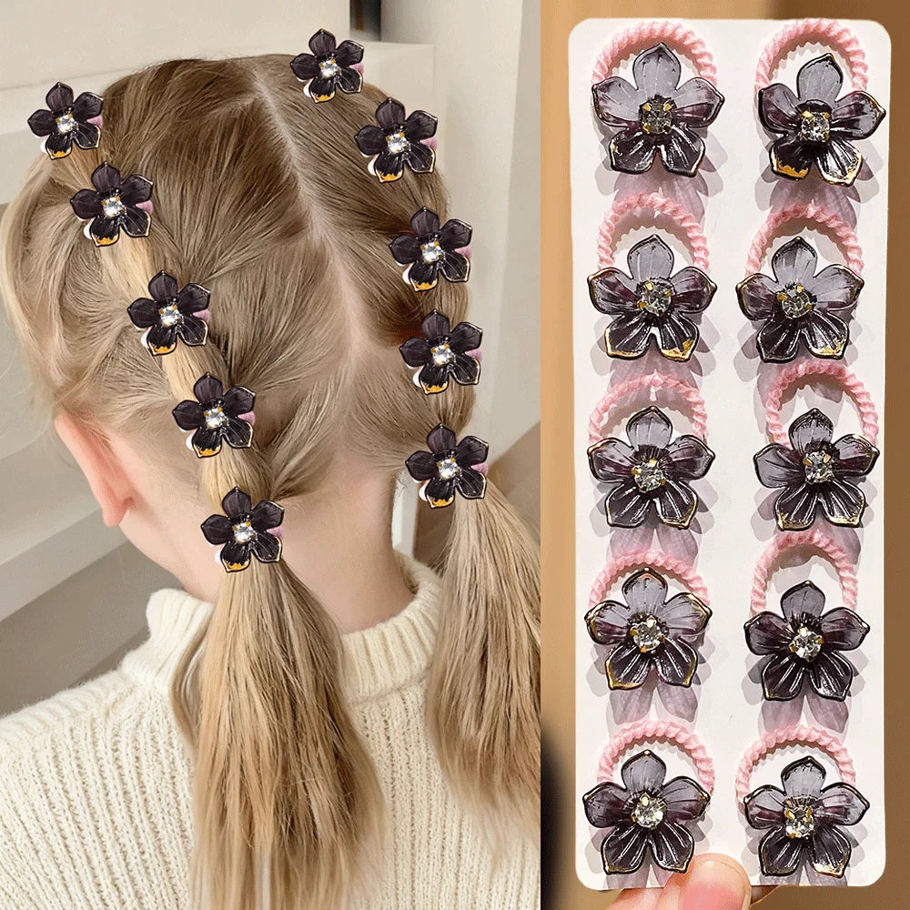 10pcs Girls Rhinestone Flower Elastic Hair Ties | Hair Bands Elastic Hair Ties Nixie black