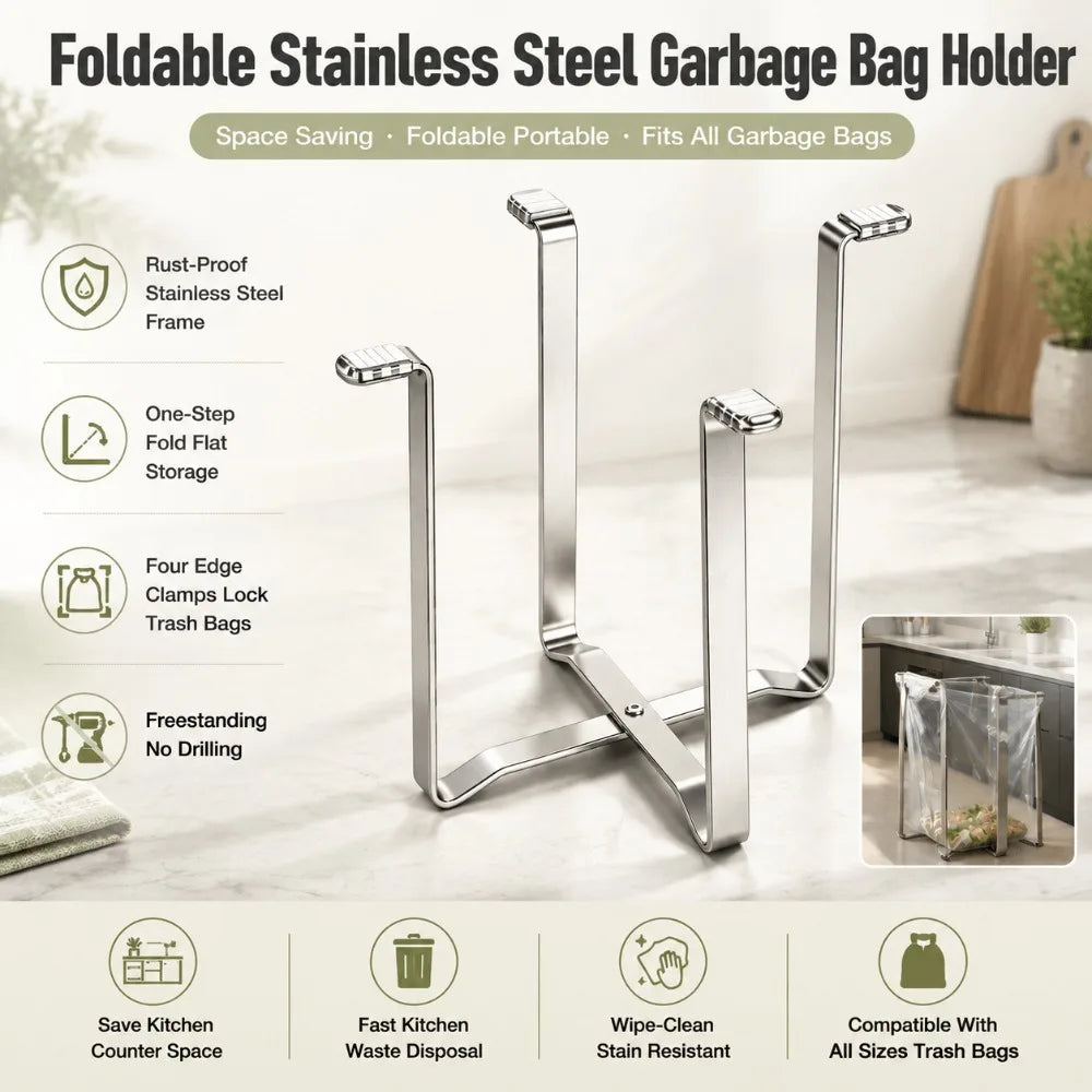 Foldable Stainless Steel Garbage Bag Holder Kitchen Organizer