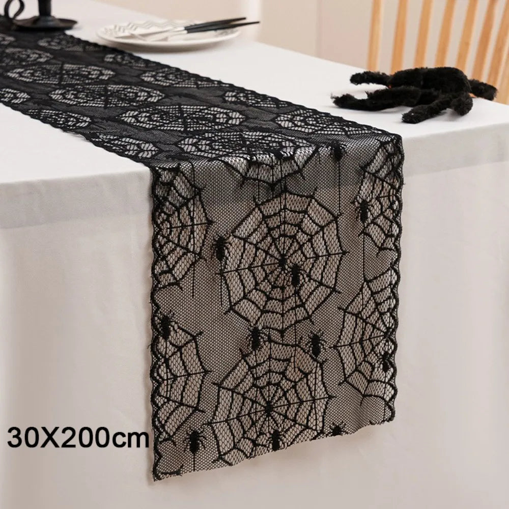 Black Halloween Lace Table Runner – Gothic Spider Web Cobweb