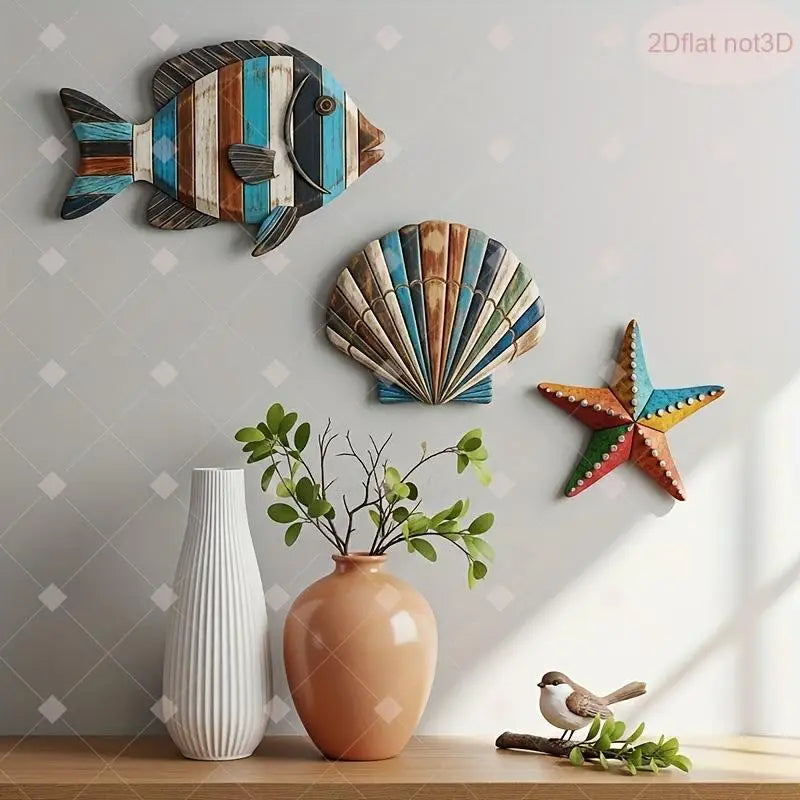 3-Piece Ocean Wooden Wall Art – Fish Shells Starfish Décor Set Wooden Wall Art Nixie