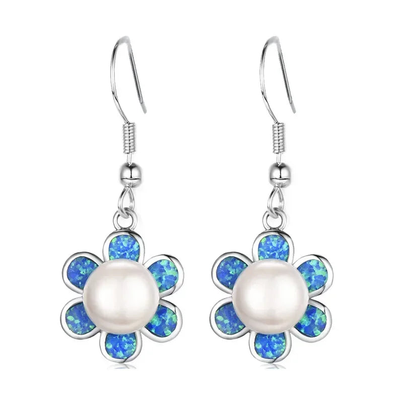 Pearl Dangle Blue Simulated Opal Drop Earrings | Silver Fashion Drop Earrings Nixie