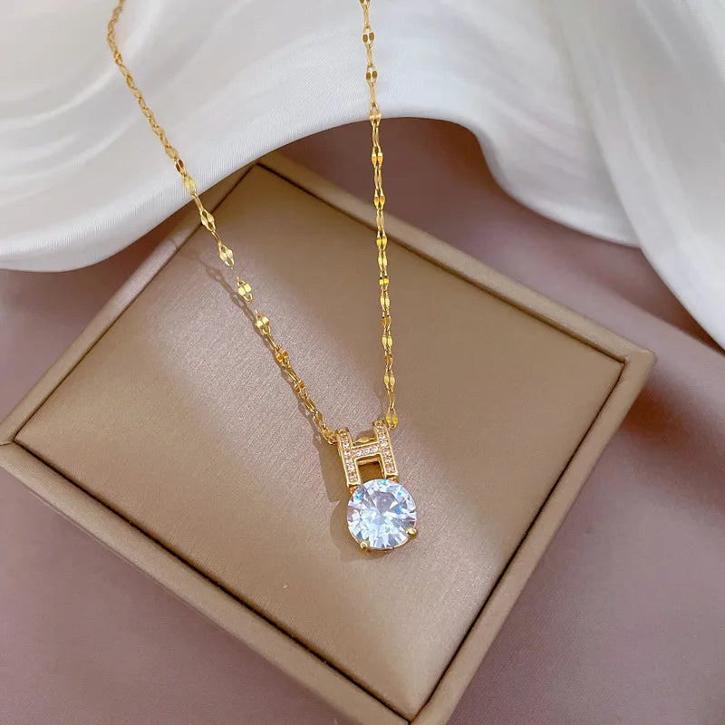 Women's Gold Zircon Pendant Necklace – Stainless Steel Chain Pendant Necklace Nixie