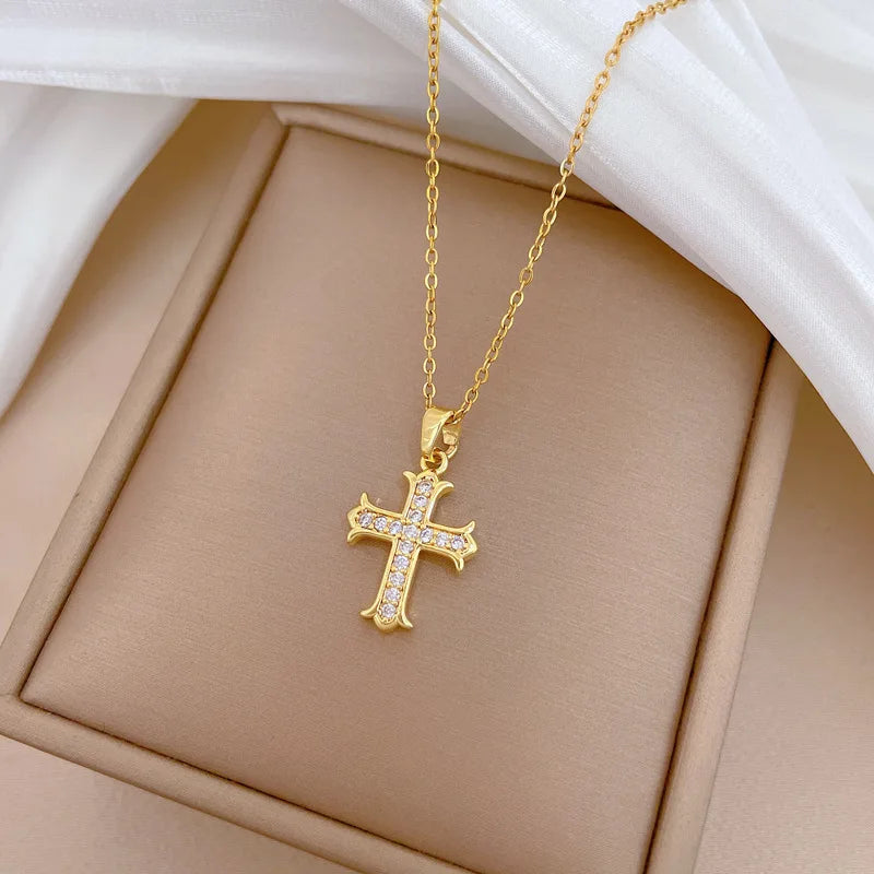 Women's Gold Cross Pendant Necklace – Stainless Steel Choker Pendant Necklace Nixie