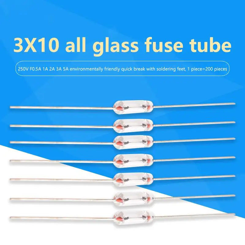 200PCS 3x10mm Axial Fast Glass Fuses 0.5A 1A 2A 3A 5A with Lead Wire Glass Fuse Assortment Nixie