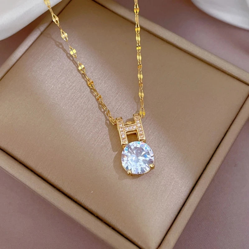Women's Gold Zircon Pendant Necklace – Stainless Steel Chain Pendant Necklace Nixie
