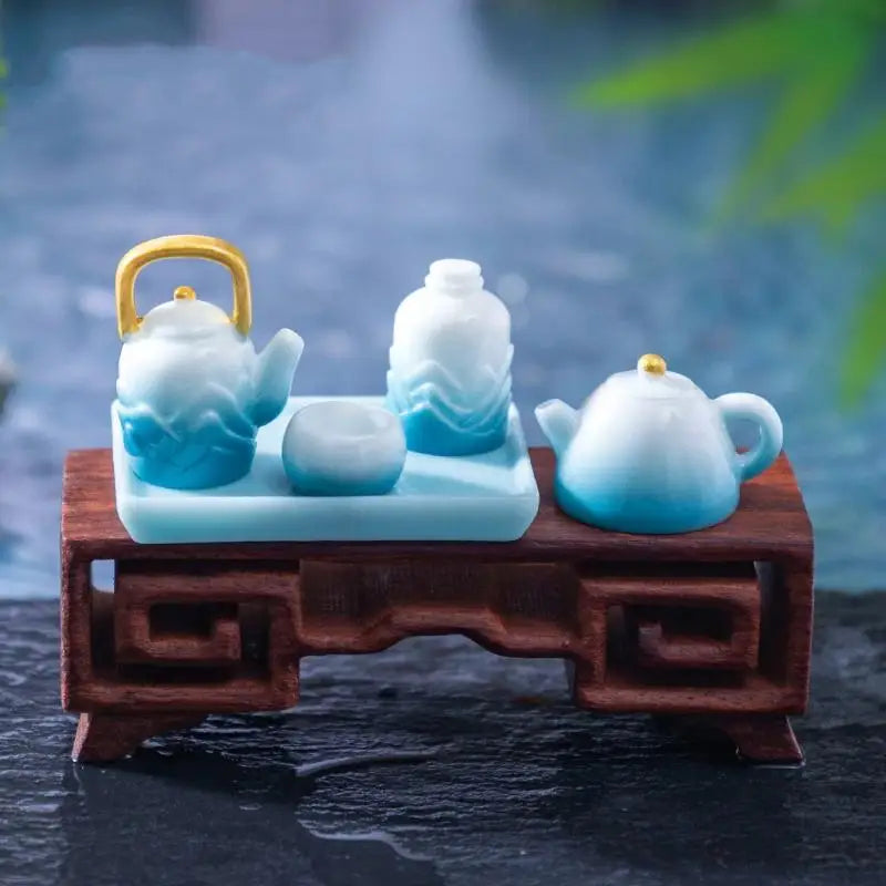 9Pcs Chinese Resin Micro Landscape Tea Set & Mountain Figurines Micro Landscape Figurine Nixie