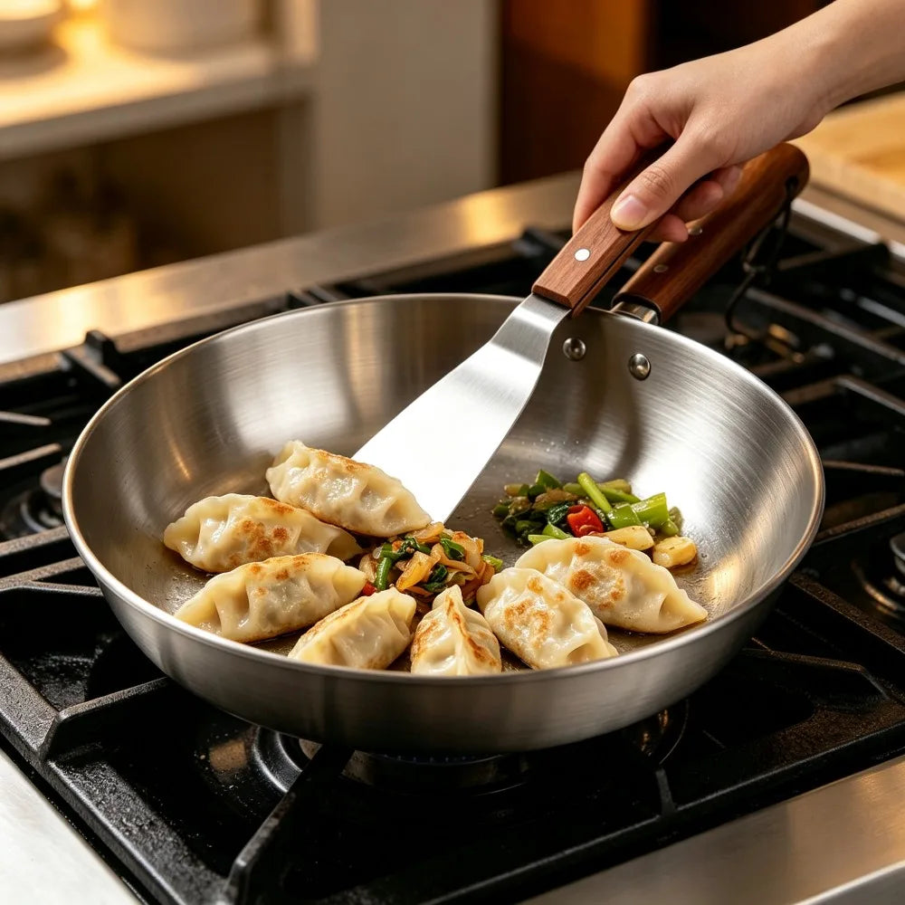 Nonstick Stainless Steel Frying Pan & Spatula Set | Wooden Handle Frying Pan Set Nixie