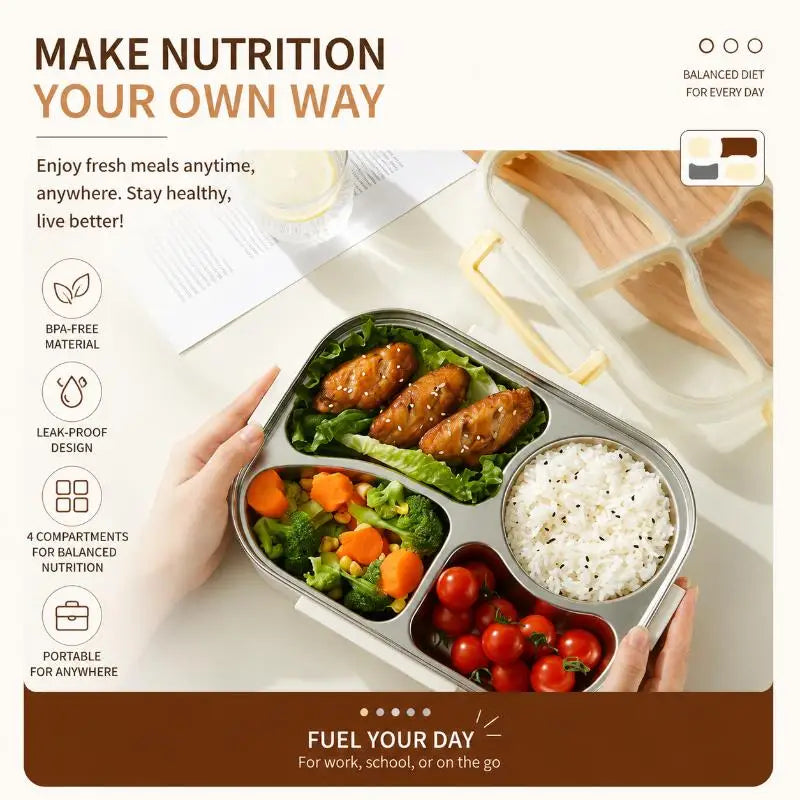 304 Stainless Steel Bento Lunch Box – 4 Compartment Leak-Proof Bento Lunch Box Nixie