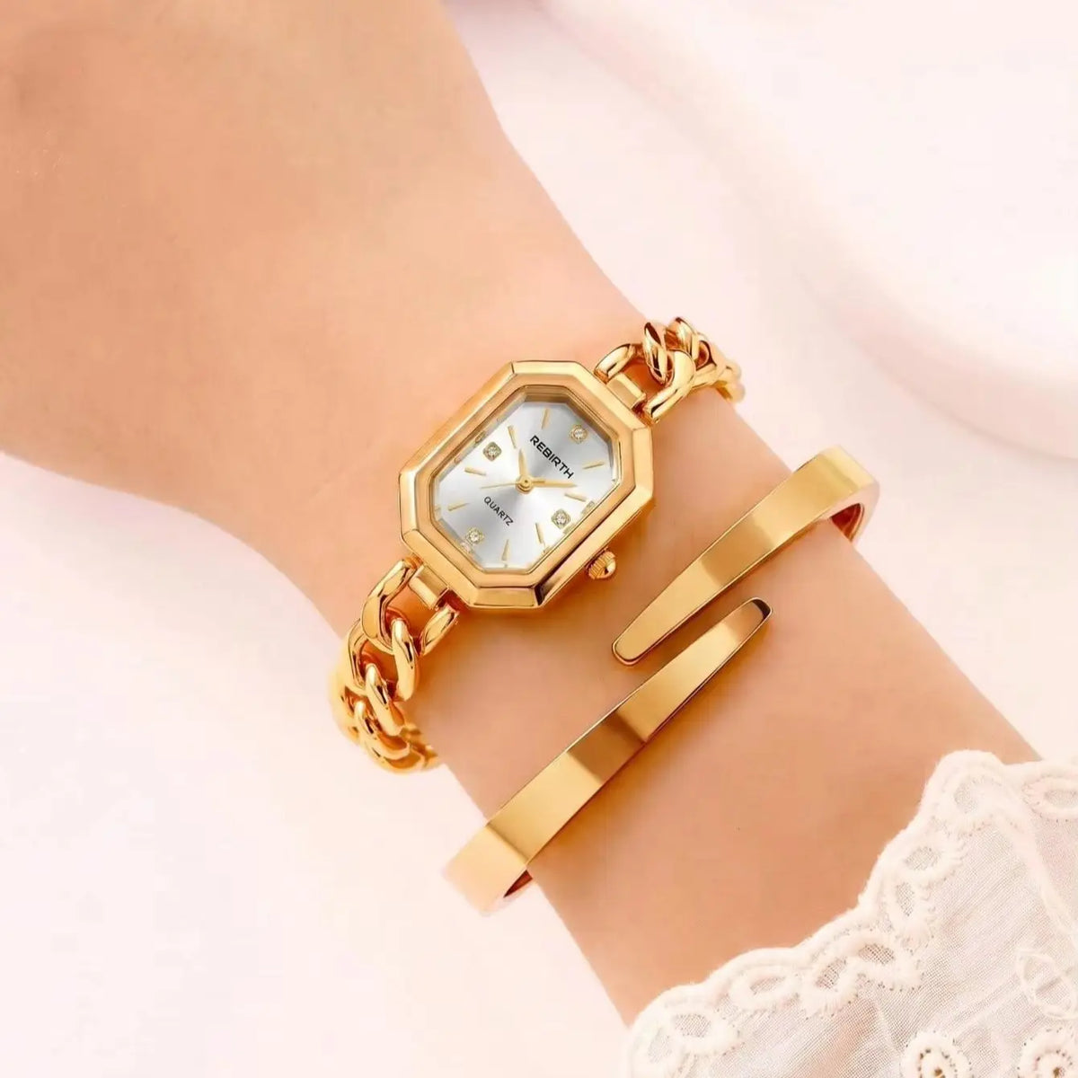 REBIRTH 2-Piece Casual Watch & Bracelet Set – Digital Quartz Watch & Bracelet Set Nixie