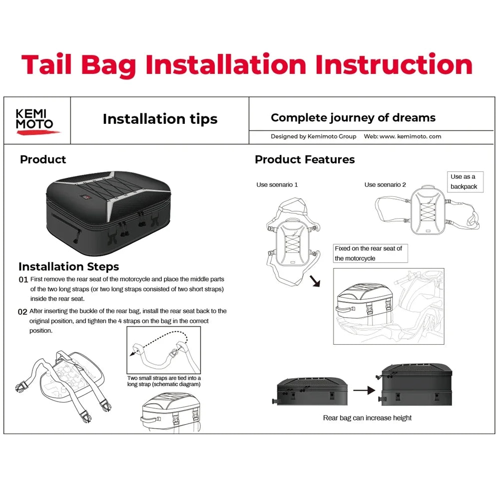 KEMITOUR Motorcycle Tail Bag Expandable Rear Seat Backpack Motorcycle Tail Bag Nixie
