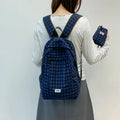 Korean Plaid Canvas Backpack – Large Capacity College Bag Canvas Backpack Nixie Navy Blue