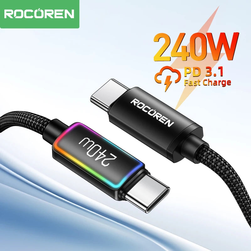 Rocoren 240W USB-C Cable RGB PD 3.1 QC 3.0 Fast Charging Cord USB-C Charging Cable Nixie