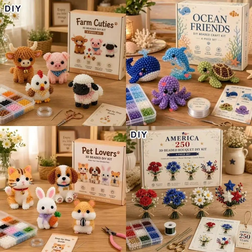 4pcs 3D Animal Bead Kit – DIY Farm & Sea Creatures Craft DIY Bead Craft Kit Nixie